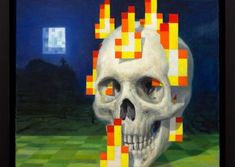 a white skull with orange and yellow squares on it