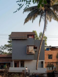 a person standing in front of a house with a palm tree next to the house