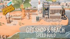 an animated image of a beach with palm trees and a sign that says, gift shop & beach speed build