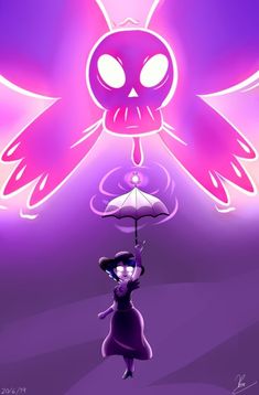 a cartoon character holding an umbrella in front of a purple background with a skull on it