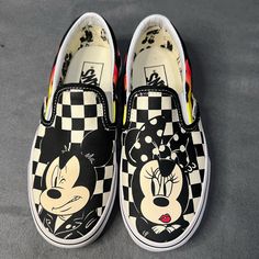 Vans X Disney Mickey And Minnie Flame/Checkered Slip-Ons! Womens Size 5 (Men’s 3.5) Never Worn! New W/O Tags. Casual Black Sneakers With Character Print, Black Mickey Mouse Sneakers For Streetwear, Casual Black Mickey Mouse Sneakers, Vans Canvas Shoes, Shoe Painting, Disney Mickey And Minnie, Disney Vans, Halloween Shoes, Shoes Vans