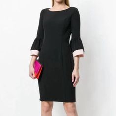 Lauren Ralph Lauren Sheath Dress Bell Sleeves Zipper Closure In Back Lined Size: 10 Color: Black & Pink 97% Polyester, 3% Elastane Underarm To Underarm 18” Length 39” New With Tags Retail $135 Elegant Pink Shift Midi Dress, Black Career Dresses For Spring, Dress Bell Sleeves, Ralph Lauren Dresses, Bell Sleeve, Lauren Ralph Lauren, Sheath Dress, Bell Sleeves, Black Pink