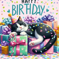 a black and white cat laying on top of presents with the caption happy birthday