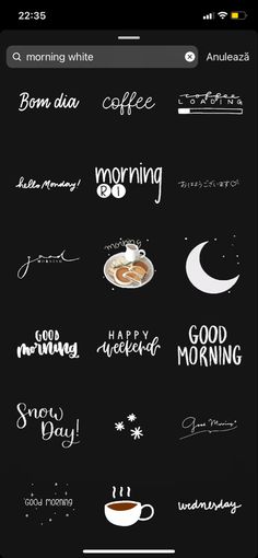 an iphone screen with the words good morning and coffee in different font styles on it