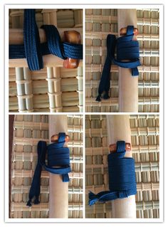 four pictures show how to tie a rope around an object with wood dows and yarn