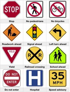 various road signs and their meanings are shown in this graphic above it is an image of several different types of street signs