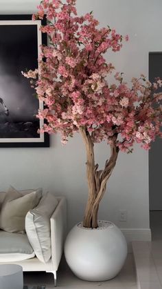 a white couch sitting next to a pink tree in a vase on top of a table