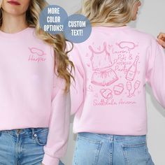 Make your next girls' trip, bachelorette party, or birthday celebration extra special with this custom pjs and prosecco sweatshirt. It's the perfect personalized gift or party favor! Personalization:  All text on the shirt can be customized. Input your requests in the personalization box. A proof will be sent within 24 hours of ordering for approval prior to printing.  Sweatshirt Details: Unisex crewneck sweatshirt with a relaxed fit. Made of a medium-heavy fabric blend of 50% cotton / 50% polye Long Sleeve Letter Print Tops For Pajama Party, Long Sleeve Tops With Letter Print For Pajama Party, Cute Crew Neck Tops For Pajama Party, Pink Crew Neck T-shirt For Pajama Party, Pink Crew Neck Sleepwear With Graphic Print, Relaxed Fit Crew Neck Top For Pajama Party, Pink Graphic Print Crew Neck Sleepwear, Pajama Party Crew Neck Top With Letter Print, Customizable Crew Neck Tops For Valentine's Day