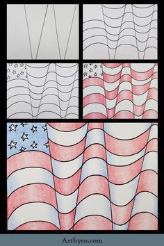 four different images of an american flag with wavy lines and stars on it, all in red white and blue