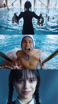 two pictures with people in the water and one has an upside down head