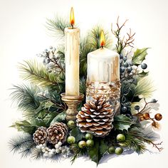 a painting of two lit candles surrounded by pine cones and berries