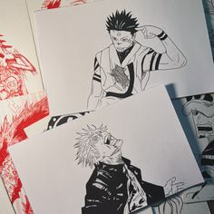 three drawings of anime characters on white paper