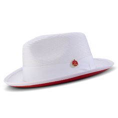 Make a bold statement with this White with Red Bottom Braided Pinch Fedora Hat. With its matching grosgrain ribbon, pinch crown, and 2 1/8" wide brim, you can stand out in any crowd! Perfect for taking risks and achieving the daring looks you crave. Available in size XL for an additional $5. Red Bottom Matching Grosgrain Ribbon Pinch Crown Wide Brim: 2 1/8" No Lining Material: Polyester Blend Size XL additional $5 H76- White Red Bottom Fedora Hats, Luxury Red Fedora With Curved Brim, Red Bottom Fedora Hat, Red Bottom Hats For Men, Yellow Baseball Cap, Ralph Lauren Baseball Cap, Fedora Hat Men, Taking Risks, Womens Fedora