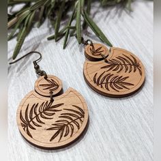 Fern Leaf Cherry Wood Boho Handmade Engraved Dangle Earrings - Handmade In Natural Cherry Wood - Lightweight, Won't Pull Ear Lobe Down - Can Be Made With Antique Bronze, Gold, Or Silver Hooks - 2" By 1" Wood Earring With 1" Hook Drop Natural Cherry Wood, Tory Burch Earrings, Laser Cut Earrings, Fern Leaf, Cut Earrings, Boho Handmade, Crystal Stud Earrings, Earrings Drop, Wood Earrings