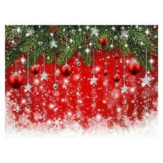 a red and white christmas background with ornaments