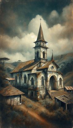 a painting of an old church on a hill with dark clouds in the sky above