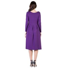 This all-occasion wardrobe staple is a must-have midi dress! Perfect for any event, it features a round neckline, long sleeves, and a flattering pleated waist. The midi length and practical pockets add both style and functionality. Pair it with ballet flats for a casual day out or dress it up with heels for a night on the town. With nine gorgeous color options, you’ll want to collect them all! Plus, the soft, stretchy material is machine washable for effortless care. Don’t miss out on this versa Non-stretch A-line Midi Dress For Winter, Chic Purple Winter Midi Dress, Spring Knee-length Midi Dress With Box Pleat, Purple Knee-length Midi Dress For Spring, Purple Knee-length Midi Dress For Fall, Women Midi, Gender Female, Pocket Dress, Purple Dress