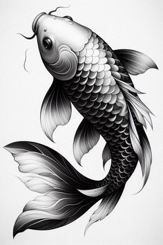 a black and white drawing of a koi fish with large, wavy tail fins