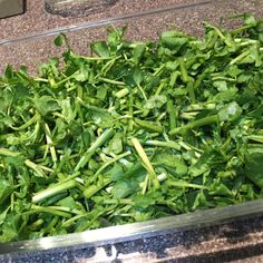 green vegetables are in a glass container on the counter top, ready to be cooked