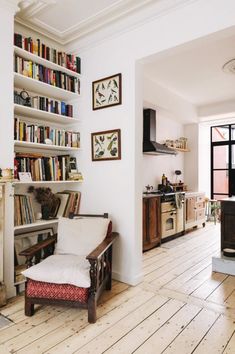 a living room filled with furniture and bookshelves next to a fire place in a kitchen