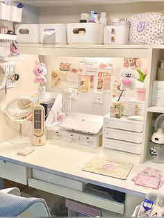 a white desk topped with lots of drawers