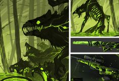 the concept art for an upcoming video game is shown in three different stages, including green lighting