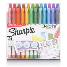 sharpie markers and pens in display box with note pad on the bottom, 24 assorted colors