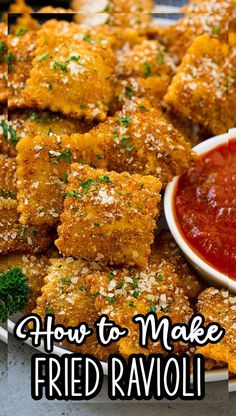 fried ravioli on a plate with ketchup and parmesan cheese in the background