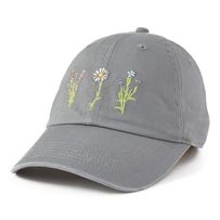 a gray hat with flowers embroidered on it