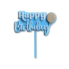 a blue happy birthday cake topper with a balloon