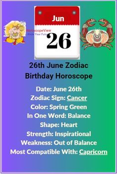 a birthday card with an image of the zodiac sign and date for june 26, 2016