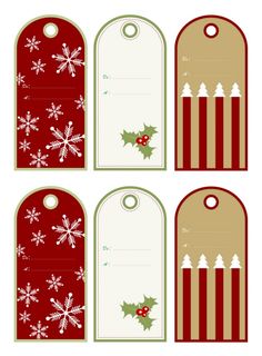 four christmas gift tags with holly and snowflakes