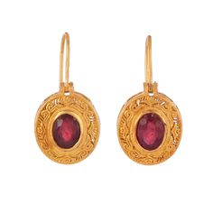 Ruby Vermeil 14K Gold Over Sterling Silver Earring 925 Silver = 3.25 gm. Ruby = 3.60 ct. Ruby is the birthstone for July and is a symbol of energy, power and love. The beautiful earring measures to be 1.00 inches long including the wire and 0.50 inches wide at its maximum points. The earrings have been made by a team of highly trained and skilled artisans. What is Vermeil 14K Gold? It is a thick layer of 14K Gold plating on 925 Sterling Silver. If for any reason you are not completely satisfied, 22k Gold Gemstone Earrings For Formal Occasions, 22k Gold Gemstone Round Earrings, Byzantine Gemstone Earrings Gift, Byzantine Style Gemstone Earrings Gift, Gold Ruby Earrings With Birthstone, Gold Earrings With Ruby Birthstone, Yellow Gold Oval Earrings With Birthstone, Gold Oval Birthstone Earrings, Oval Gold Birthstone Earrings