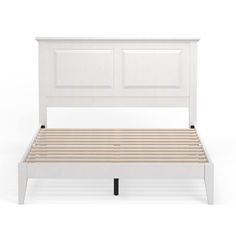 a white bed frame with wooden slats