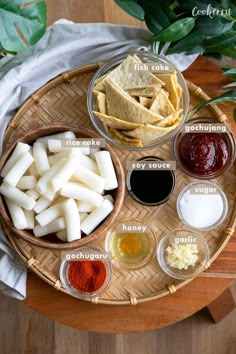 an overhead view of some food on a plate with sauces and condiments