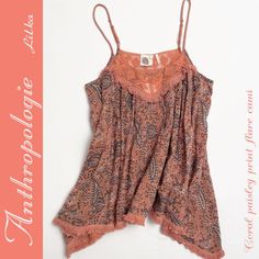 This Playful Woven Cami Has Lace Trim At Both Front And Back Neck. Also Has High-Low Hem Finished With Mini Fringes. The Body Is Lined With Gauze. New With Tags. Never Been Worn. Stored In Smoke-Free Home. Bohemian Floral Print Tops For Loungewear, Bohemian Floral Print Camisole Top, Bohemian Camisole Top With Floral Print, Bohemian Camisole Top With Lace Trim, Bohemian Cami Top With Lace Trim, Paisley Print V-neck Festival Top, Bohemian Printed Cami Top, Casual Paisley Print Top For Festival, Velvet Cami Top