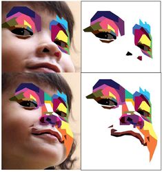 three different pictures of a woman's face with colorful geometric shapes on her eyes