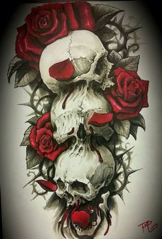 a drawing of two skulls with roses on their heads and one skull in the middle