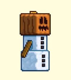 an image of a snowman with a wooden box on it's head and eyes