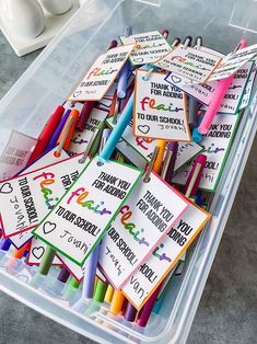 a plastic container filled with lots of colorful markers