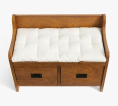 a wooden bench with two drawers and a mattress on the bottom one drawer is open