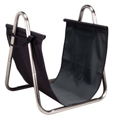 a chair that is sitting on top of a metal frame with a black seat cover