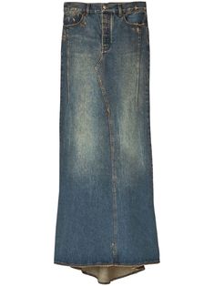 indigo blue cotton denim faded effect distressed effect contrast stitching mid-rise belt loops front button and zip fastening classic five pockets embroidered monogram at rear pockets fluted skirt full-length Embroidered Monogram, Skirt Fits, Denim Maxi Skirt, Fitted Skirt, Contrast Stitch, Denim Skirt, Marc Jacobs, Womens Bottoms, Maxi Skirt