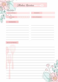 a recipe card with flowers and utensils on it, in pink tones for the menu