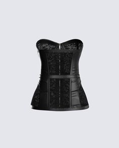 You can never get over a black lace corset top 🤩 A stunning combination of lace and satin, this edgy piece features a metal hook and eye front closure, an underwire bra, and a boning insert to snatch you right up 🖤 Party Underbust Corset With Contrast Lace, Gothic Lace Trim Corset For Night Out, Party Overbust Corset With Lace Closure, Gothic Bodice With Corset Back, Lace Underwire Corset For Evening, Evening Underbust Corset With Lace Trim, Fitted Underbust Corset With Lace Closure, Elegant Black Corset With Contrast Lace, Party Lace Bodice With Underwire