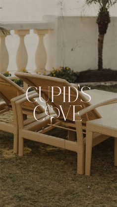 the words cupid's cove are overlaid by wicker chairs and tables