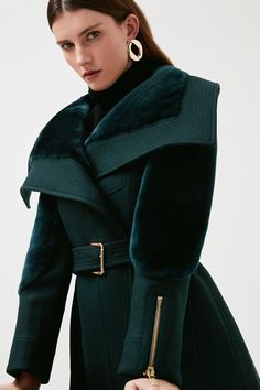 Bring The Drama With This Exceptionally Elegant Midi Coat. Crafted From Italian Wool With Sumptuously Soft Shearling Panels, It Strikes A Sophisticated Style Note Wherever You Wear It. Detailed With Oversized Lapels, Edgy Zipped Cuffs And A Buckled Belt, It'S Sure To Go Straight To The Top Of Your Outerwear Wishlist. Collar Coat, Collared Coat, Green Coat, The Drama, Karen Millen, Fashion Face, Sophisticated Style, Anton, Fashion Art