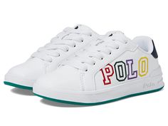 Polo Ralph Lauren Kids Heritage Court II Graphic (Little Kid) - Boy's Shoes : White Smooth/Navy/Green/Polo : Exude a sporty appeal and feel comfort under your feet wearing the Polo Ralph Lauren Kids Heritage Court II Graphic shoes. Synthetic and leather upper. Fabric lining. Lightly cushioned insole for added comfort. Classic lace-up closure. Signature brand name embossed on the quarter. Round toe design. Rubber outsole. Imported. Measurements: Weight: 6 oz Product measurements were taken using Casual Sneakers With Embroidered Logo, Casual White Sneakers With Embroidered Logo, Casual Multicolor Sneakers With Embroidered Logo, Casual Synthetic Sneakers With Elastic Laces, Casual Sneakers With Embroidered Logo For Spring, White Casual Sneakers With Embroidered Logo, White Synthetic Sneakers With Embroidered Logo, Trendy White Sneakers With Embroidered Logo, Round Toe Sneakers With Embroidered Logo