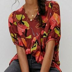 Brand New Anthropologie Maeve Beth Dolman-Sleeved Blouse Never Worn Viscose Dolman Sleeves V-Neck Pullover Styling Machine Wash Imported Dimensions: 20" Pit To Pit 25.25" In Length Non-stretch Multicolor Tops For Fall, Casual Floral Print Half Sleeve Tops, Casual Half Sleeve Floral Print Tops, Casual Half Sleeve Tops With Floral Print, Fall Season Printed Short Sleeve Blouse, Fall Printed Short Sleeve Blouse, Multicolor Half-sleeve Blouse For Fall, Casual Non-stretch Half Sleeve Blouse, Casual Non-stretch Half Sleeve Tops