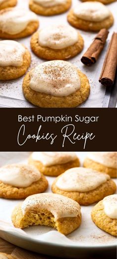 the best pumpkin sugar cookies recipe with cinnamon on top and an image of two images